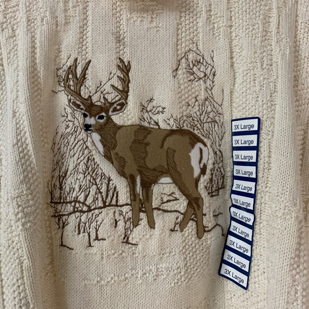 Vintage Men's Cream Sweater with Embroidered Deer Design NWT 90’s Wildlife